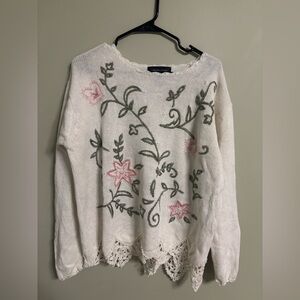 Vintage Cream Lace Embroidered Beaded Sweater Size XL Floral Cottagecore Granny